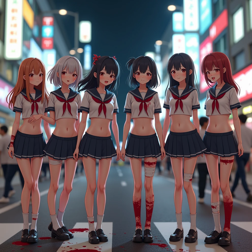 (((SFW, NSFW STILL SHOW, 12 Tiny Girls in a row:1.2, Shibuya Hachiko-mae scramble crossing on Halloween:1.2))), ((masterpiece:1.2, best quality, photorealistic:1.37)), { (Standing Full Body:1.2)|(from below:1.2) }, { bandaged full body | Cut-off Sailor Uniform }, { bandaged head | bandaged limbs | (( bleeding from pussy )) }, {((naked bandage))|metallic red nipple stickers}, {(bloody)|blood paste|(Blood-stained bandages| bloody inner thighs)}, ((Detailed KAWAII face, Detailed glistening ivory skin)), {Bustling street|Crossroads|(Passerby schoolgirls)| halloween| neon}, {(Childish:1.2|Gigantic Cleavage:1.37|Underboob:1.2)}, {Red leather high collar| Hair ornaments |shotgun|random hair colors}, {Floating hair|Strong wind|(((Ass focus, open thighs)))| flying magic | Skirtlift}, {(Kissing face to face)|:p|:d|laugh|sparkle|joyful|delighted|Drunk},extremely Detailed,