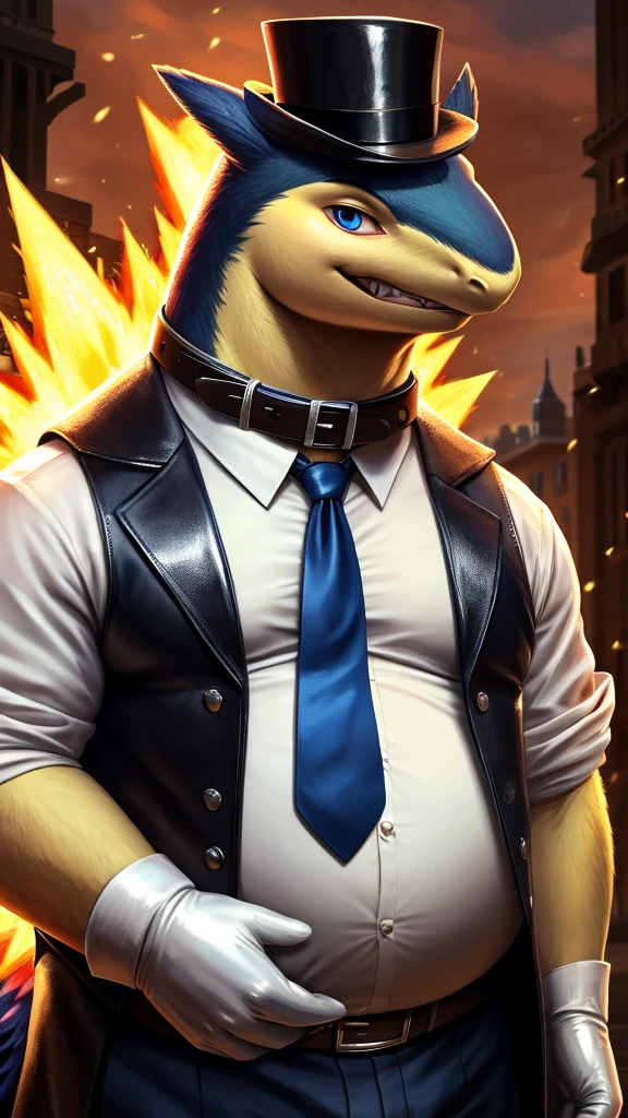 Solo, Male, fat, squatting, extremely obese, gentleman, dapper Typhlosion, blue eyes, (soft shading), 4k, hi res, ((detailed face, detailed)), looking at viewer, evil grin, police station, collared shirt with buttons, hat, male focus, Police Uniform, glasses, monocle, vest with buttons, sleeves rolled up, round eyewear, headwear, vest, Typhlosion is wearing a glossy leather dog collar around the neck, Typhlosion is wearing the leather collar and shirt and vest at the same time, Typhlosion is wearing glossy white rubber gloves on the hands, wearing white rubber gloves on the feet, gloves are rubber in texture, clenching teeth, clenching fists, leather collar is glossy and shiny with a lot of detail, Typhlosion is wearing gloves and leather collar at the same time, leather collar has a round dog-tag, leather collar is thick and detailed, white rubber gloves on the feet.