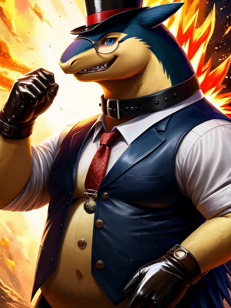 An extremely obese Anthropomorphic Typhlosion with a giant penis and testicles with a leather cock ring around the base of the penis. The Typhlosion is wearing a dapper steampunk leather vest and shirt and a glossy leather dog collar around the neck. The leather collar is glossy and extremely detailed. The Typhlosion is also wearing glossy white rubber gloves on his hands and feet which compliment his dapper attire. The Typhlosion is having an orgasm by ejacualting sperm from his penis in immense pleasure with thick creamy sperm coming out of the penis and going everywhere. The Typhlosion is having his penis milked by inserting his penis into a clear plastic pump and ejaculating his gooey sperm into the pump with the sperm going up the hose and into the tank. The Pump is sucking the sperm from the penis. The pump is cylindrical and has a hose attached to a tank for storing sperm. The pump goes from the base of the penis and goes around the entire penis. The Typhlosion takes pride in his attire by wearing his leather collar and rubber gloves at the same time as leather vest and tie. The Typhlosion is showing a sense of authority by clenching his fists and showing off his dapper attire. The Typhlosion is a boss of his office and is showing a sense of authority. The Typhlosion's dapper attire also consists of a leather vest with buttons and a shirt with buttons as well as a top hat on his head. The Typhlosion is also wearing a glossy top hat on his head to demonstrate his class and wealth. The Typhlosion's white rubber gloves are glossy and shiny as well as his leather collar which is adorned with a shiny buckle on the collar. The Typhlosion is wearing his dapper steampunk attire and his leather collar and rubber gloves at the same time as he is wearing a leather vest and shirt with buttons. Generated in 4K with lots of detail.