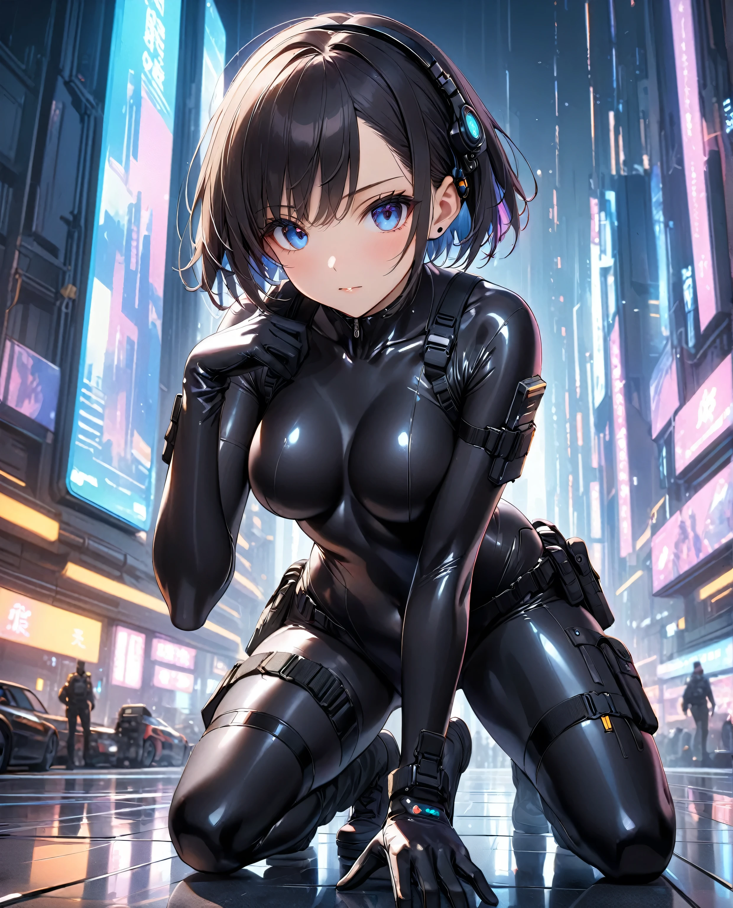 (((Head to waist::1))) Superhero Girl (Pixie bob short hair) A masterpiece of hyperrealism & Photorealistic beauty、Youth、Strikingly perfect face (Asymmetrical milky white iridescent eyes), (Highest quality), (Very detailed), (Ultra-realistic:1.2), sf, Ultra-detailed black ominous cyberpunk & GANTZ Suit, Metal Gear aesthetic style、GANTZ style、(Drooling, Grit your teeth, Contemptuous eyes, Saliva stringing, Imaginary line eyes,)Sexy pose.Reika shimohira.(A room in a deserted, darkened ruin)A scattered concrete floor、(Torn suit:1.4)(Sit down:1.4)(Leaning against a wall)