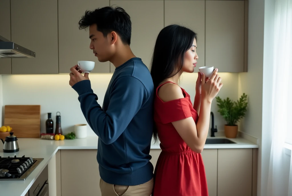 An Indonesian man, 25 years old, with dark hair and clean-shaven, wearing a casual blue sweater and beige pants, stands back to back with a Dutch Indonesian woman of the same age, with long black hair and dressed in a red collarless housedress. They are each holding very small dosing cups, about the size of a bottle cap, with the cups almost touching their lips as they drink. The shot is taken from a slightly elevated, diagonal angle above and 3/4 angle, capturing them in a dynamic, almost cinematic perspective. The scene is set in a modern kitchen with sleek countertops, a stainless steel sink, and minimalistic cabinets. Everyday kitchen items such as a cutting board, spices, and a kettle are scattered around. Soft natural light streams in from a nearby window, emphasizing the warm and domestic atmosphere.