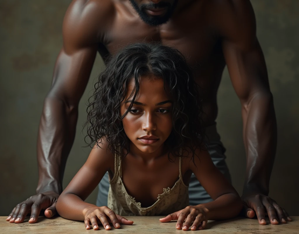 Absurd resolution, high resolution, (masterpiece: 1.4), hyper-detail, a young woman kneels at the feet of a black man, cute outfit
