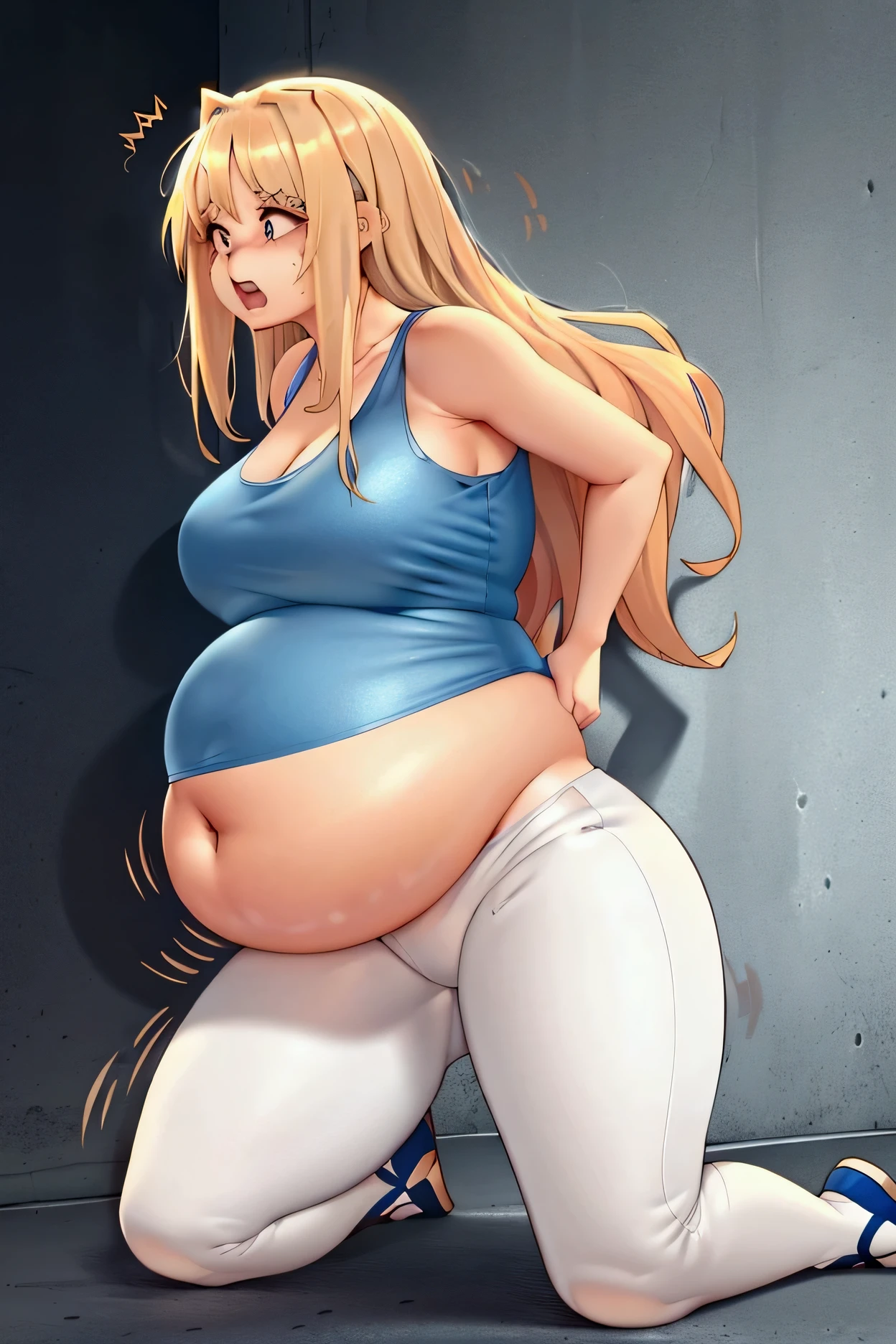 1 girl, blond long hair, sitting, arms tied upwards, surprised face, gigantic belly, a blue sleeveless top, white leggins, no bacground