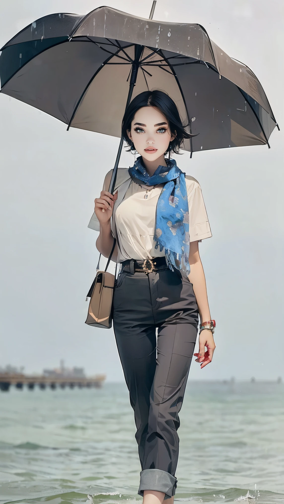 24 year old dark skinned woman、blue eyes、blonde、medium long curly hair、Accessorize your wrist、Scarf Tie Blouse((scarf tie blouse))、loose grey fashionable pants, short hair, at the sea side, sandals, umbrella, rain