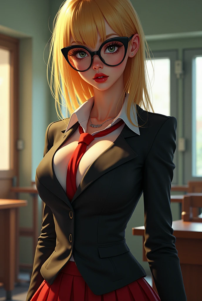 1girl, solo, masterpiece, high quality, high detail, HDR, 8k, volumetric lighting, subsurface scattering, beautiful 20 year old woman, (asian:1.2), (dark skin:1.2), blonde hair, updo, large breasts, college auditorium, sitting down, arms raised above head, sexy pose, erotic pose, seductive look, blazer, (lace bra), pantyhose, (knee high boots), glasses, high angle shot, shot from above, 095836