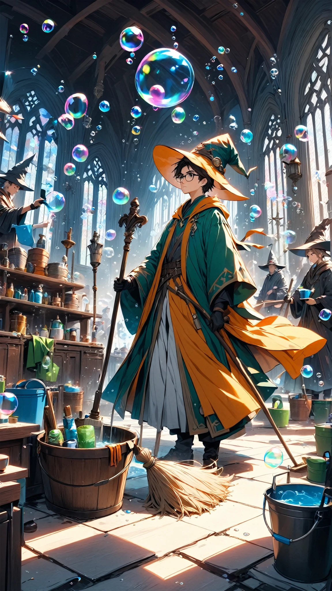 score_9, score_8_up, score_7_up, score_6_up, masterpiece, best quality, 4k, high res, extreme wide shot, a wizard cleaning, wizard \(boy, glasses, robe, wand, pointy hat, determined, sweating\), (bubble:1.5), water bucket, foam, floating mop, floating duster, floating broom,