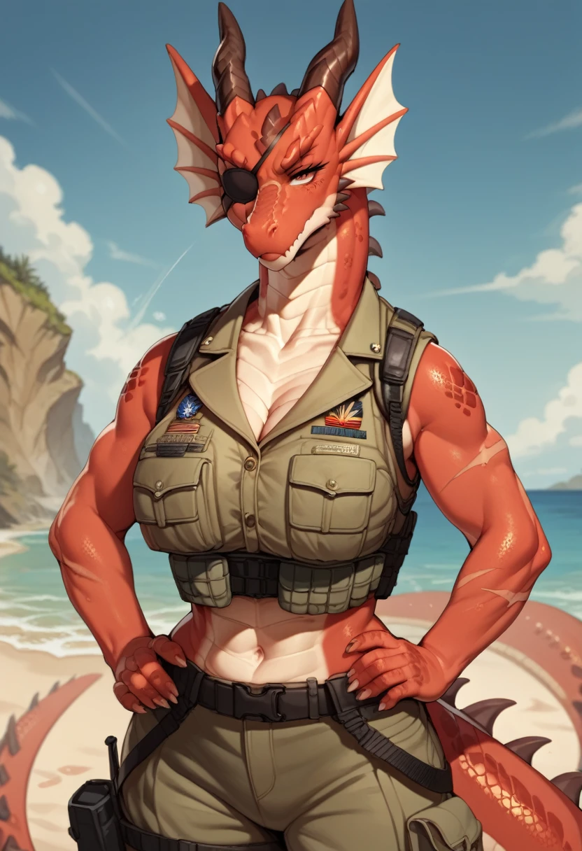 2d,girl,Dragon Red body,Dragon white with scars,Dragon tail scars,eye patch,Serious look on the face,Standing at the beach(military uniform, chest rig, armor vest, tactical clothing, camo),a pose for the camera,from head to toes.