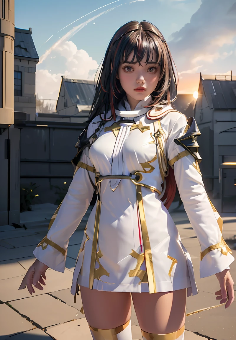 ((masterpiece, best quality, extremely detailed), volumetric lighting, ambient occlusion, colorful, glowing), 1girl, solo, young girl, (dark hair), long hair, ranger suit, hunter class dnd, cloak, (white outfit with gold detailst:1.3), armor, outdoors, sunset, sky, clouds, space, (fantasy theme:1.2),