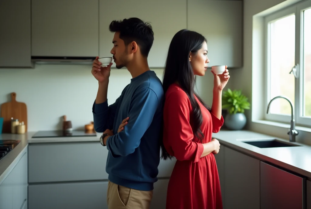 An Indonesian man, 25 years old, with dark hair and clean-shaven, wearing a casual blue sweater and beige pants, stands back to back with a Dutch Indonesian woman of the same age, with long black hair and dressed in a red collarless housedress. They are each holding very small dosing cups, about the size of a bottle cap, with the cups almost touching their lips as they drink. The shot is taken from a slightly elevated, diagonal angle above and 3/4 angle, capturing them in a dynamic, almost cinematic perspective. The scene is set in a modern kitchen with sleek countertops, a stainless steel sink, and minimalistic cabinets. Everyday kitchen items such as a cutting board, spices, and a kettle are scattered around. Soft natural light streams in from a nearby window, emphasizing the warm and domestic atmosphere.