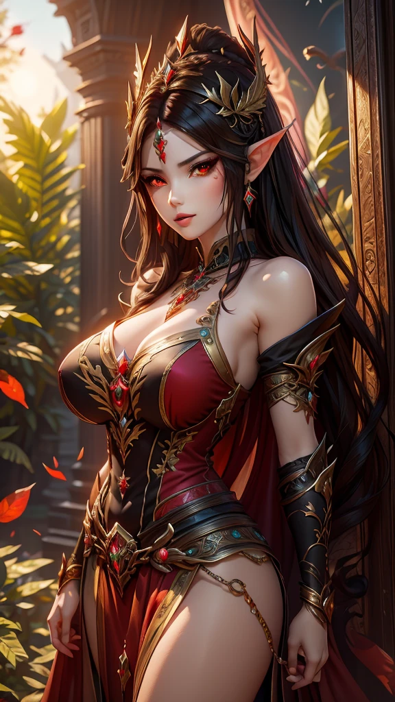 Close-up of a woman wearing a red dress and gold jewelry, （（Elf ears）），Royal sisters，Excellent appearance，Queen Medusa，Beautiful and elegant queen, portrait of queen, xianxia, Beautiful fantasy queen, xianxia fantasy, Beautiful young wind elf, Inspired by trees, ((Beautiful fantasy queen)), Zhao Yun, xianxia hero, 3D animation realistic, full-body xianxia, Smooth anime CG art