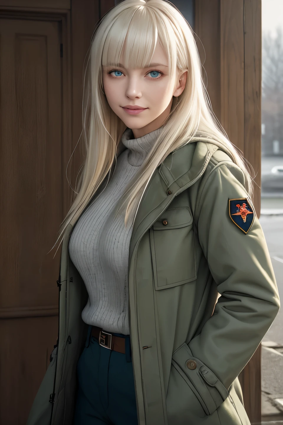 masterpiece, best quality, portrait, 1lady, solo, casual, long hair, minimal makeup, natural fabrics, blue duffel coat,
cargo pants, (smile:0.8), home, looking forward, looking towards camera, front view, full front view face, forward portrait, looking at camera portrait, big breasts, long light platinum blonde hair, bangs, green eyes, closed mouth