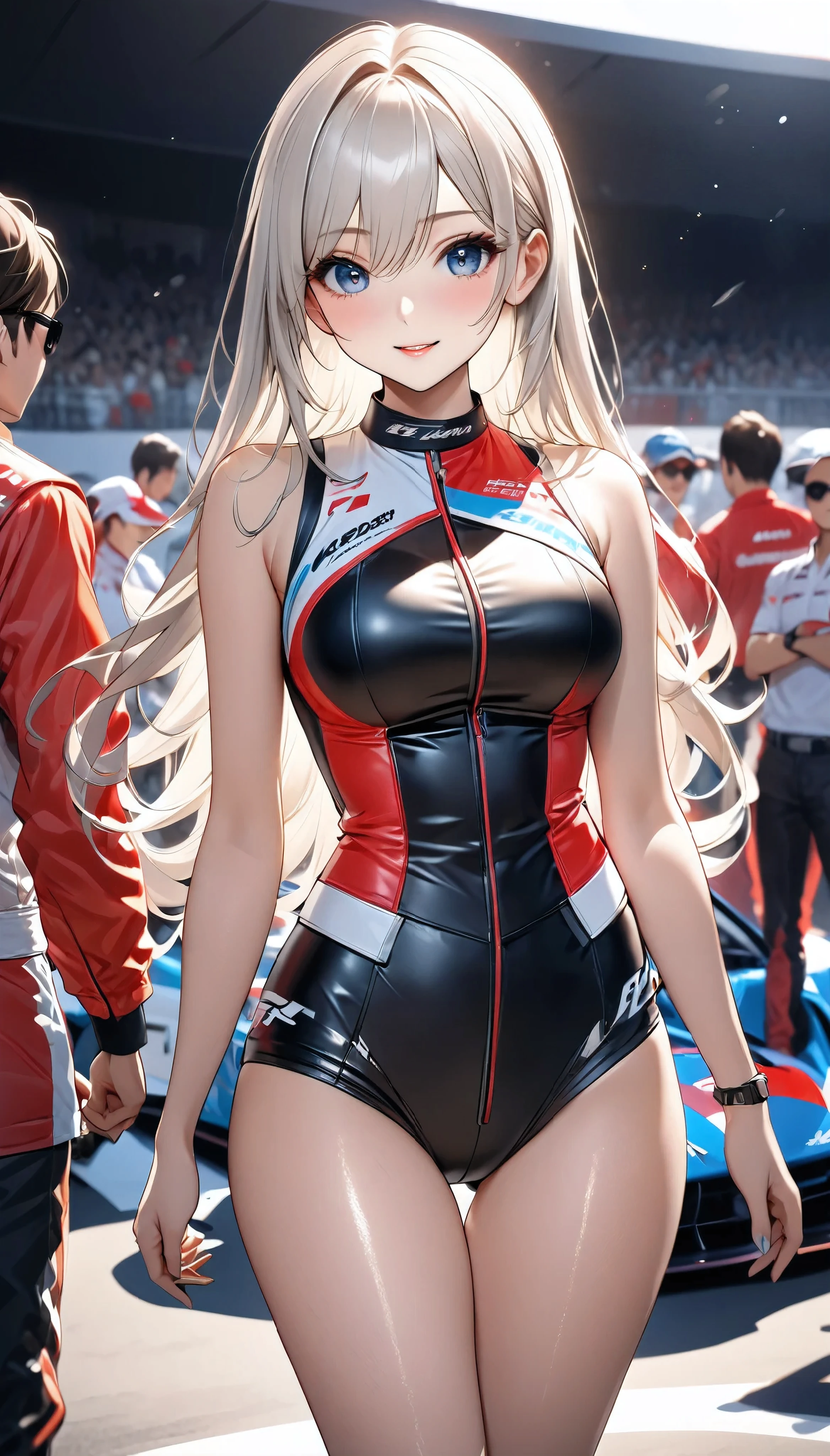 reset, Cute details,  one girl who is at ease, alone, \ character " Race Queen", whole body\, 
(Slim figure,  Height 172 cm , Weight 52 kg ,  bust 85 cm , Waist 58cm,  hips 86 cm , Age 32), 
break \Features\Clear Eyes, Sensual features, Confident and bullish gaze , circuit, GT Car Grand Prix ,  fan service scene, The enthusiasm and excitement just before the race , 
break (( long hair:1.25, Straight Hair:1.25, Shiny Ragged Hair ),
break ( Fine Skin Like Porcelain ), \sight\Confident sight ), 
\character\(fine, Active, Adult cute, secrecy, grace, Looks expensive), \Profession\( Race Queen), 
break (\clothing\Colourful Race Queen costume, luxurious, tight, shiny leather fabric,  Simple Design , One Shoulder, thick strap, Healthy sex appeal), 
break \Decoration\( Simple, High-grade Sunglasses ),  mechanically accurate GT car , 
break [colorful vivid color white mix], 
BREAK Exquisite Color Scheme ,  balance adjustments with sunlight overlays,  Lens Flare Effects ,  Color Correction to Make Viewers Feel Attractive ,
break (High image quality, high quality, 8k, very detailed, Beautiful CG illustrations), masterpiece:1.2, 
\\Trigger Words\there, ROUGH,\
BREAK Dynamic Shot, shot from grand,  seduce you with cute and sensual poses, Adjust the scale of the subject to realistic proportions , 