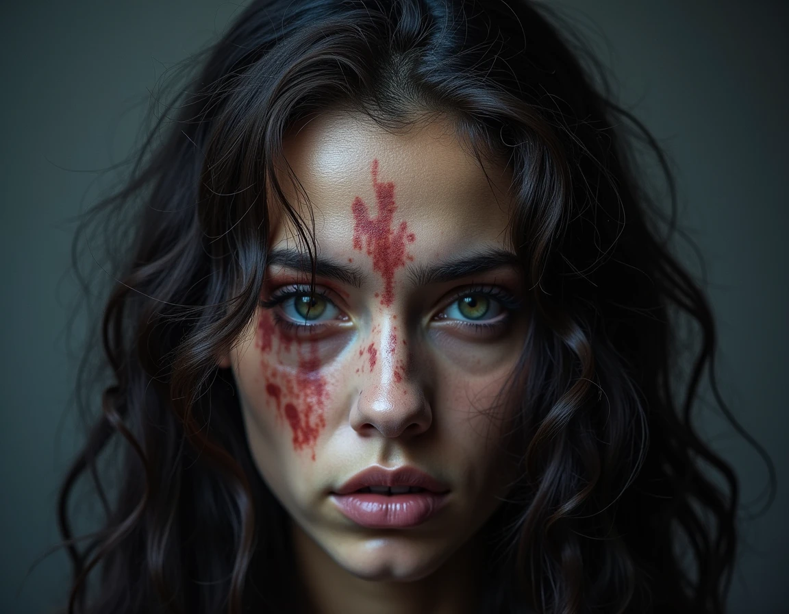 
A photograph of amrican woman, thirty two years old, with soulless face, brown eyes and short hair brown, with black T-shirt, small nose and perfect lip, run makeup, perfect brown eyes and little blood in her face, white skin, a background of war struck 