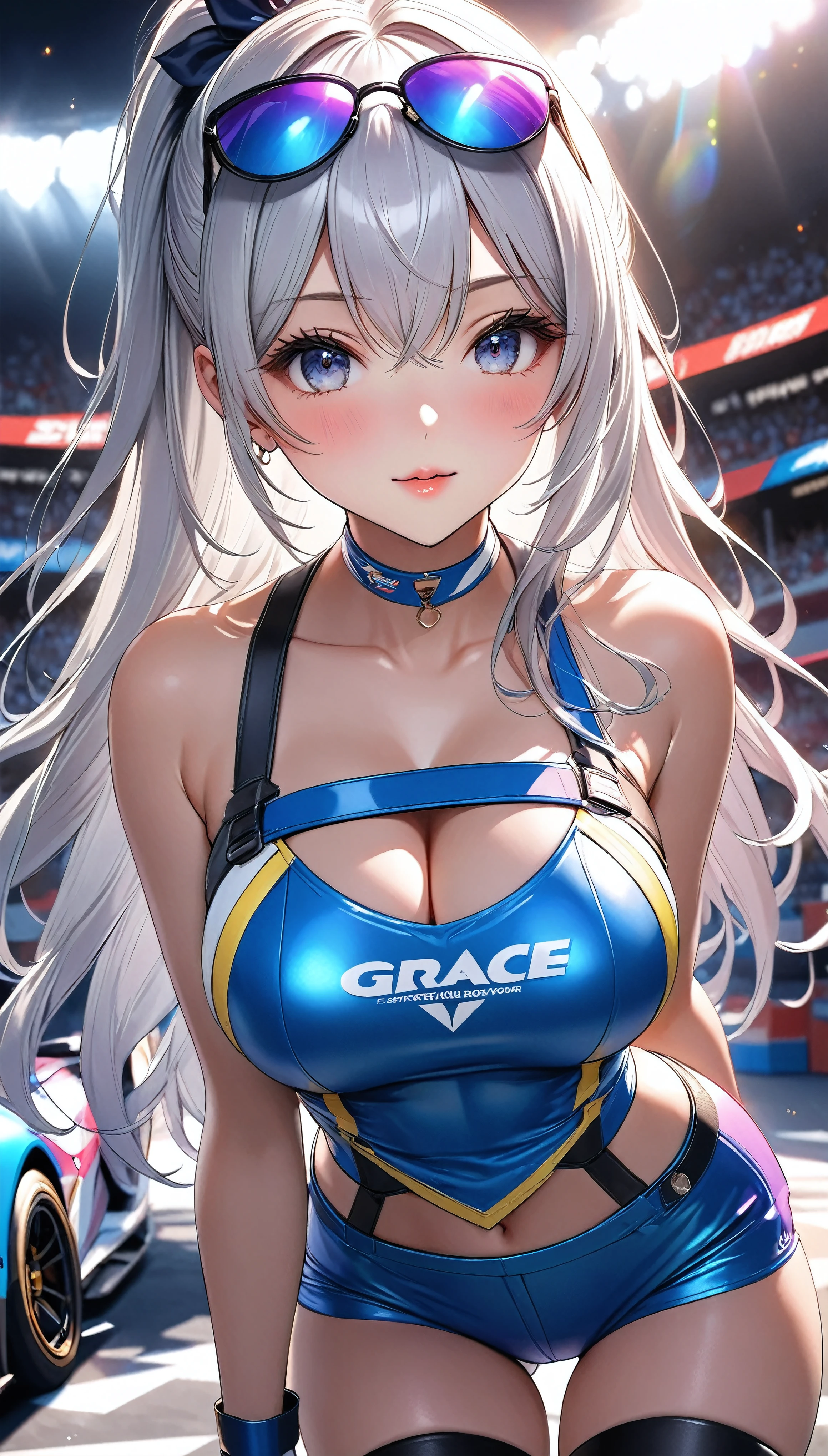 reset, Cute details,  one girl who is at ease, alone, \ character " Race Queen", whole body\, 
(Slim figure,  Height 172 cm , Weight 52 kg ,  bust 85 cm , Waist 58cm,  hips 86 cm , Age 32), 
break \Features\Clear Eyes, Sensual features, Confident and bullish gaze , circuit, GT Car Grand Prix ,  Scenery of Fan Service , The enthusiasm and excitement just before the race , 
break (( long hair:1.25, Straight Hair:1.25, Shiny Ragged Hair , Hot pants that obscure your body line),
break ( Fine Skin Like Porcelain ), \sight\Confident sight ), 
\character\(fine, Active, Adult cute, secrecy, grace, Looks expensive), \Profession\( Race Queen), 
break (\clothing\Colourful Race Queen costume, luxurious, tight, shiny leather fabric,  Simple Design , One Shoulder, thick strap, Healthy sex appeal), 
break \Decoration\( Simple, High-grade Sunglasses ),  mechanically accurate GT car , 
break [colorful vivid color white mix], 
BREAK Exquisite Color Scheme ,  Balance Adjustment with Sunlight Overlay,  Lens Flare Effects ,  Color Correction to Make Viewers Feel Attractive ,
break (High image quality, high quality, 8k, very detailed, Beautiful CG illustrations), masterpiece:1.2, 
\\Trigger Words\there, ROUGH,\
BREAK Dynamic Shot,  random shot, I will seduce you with cute and sensual poses, Adjust the scale of the subject to realistic proportions , 