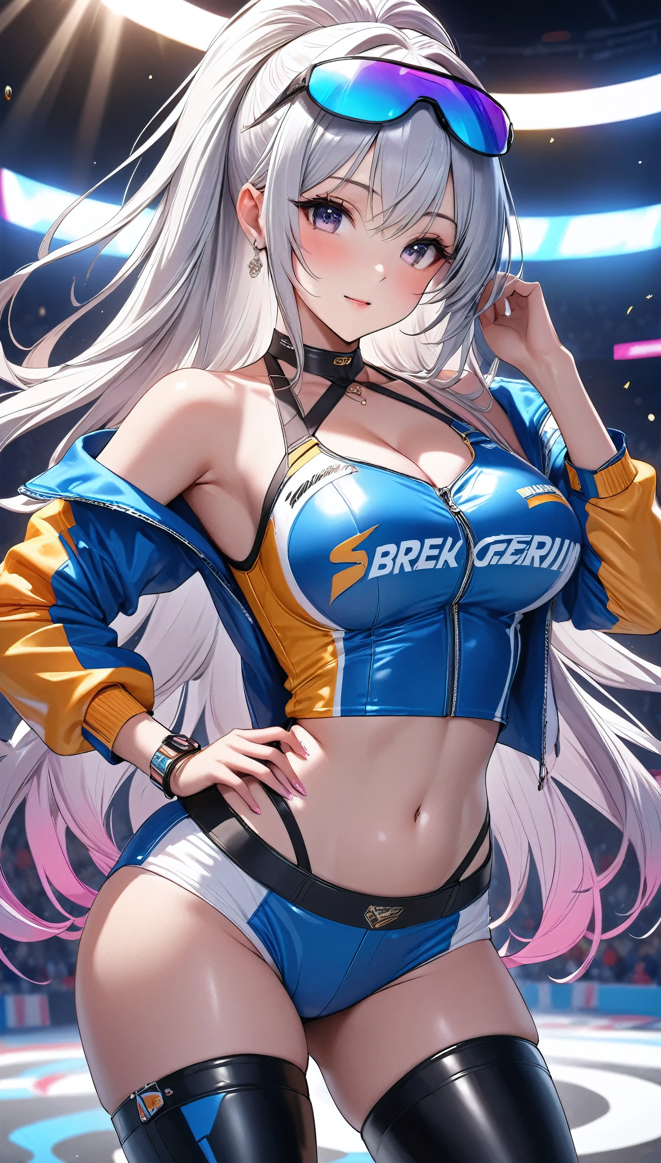 reset, Cute details,  one girl who is at ease, alone, \ character " Race Queen", whole body\, 
(Slim figure,  Height 172 cm , Weight 52 kg ,  bust 85 cm , Waist 58cm,  hips 86 cm , Age 32), 
break \Features\Clear Eyes, Sensual features, Confident and bullish gaze , circuit, GT Car Grand Prix ,  fan service scene, The enthusiasm and excitement just before the race , 
break (( long hair:1.25, Straight Hair:1.25, Shiny Ragged Hair , Hot pants that obscure your body line),
break ( Fine Skin Like Porcelain ), \sight\Confident sight ), 
\character\(fine, Active, Adult cute, secrecy, grace, Looks expensive), \Profession\( Race Queen), 
break (\clothing\Colourful Race Queen costume, luxurious, tight, shiny leather fabric,  Simple Design , One Shoulder, thick strap, Healthy sex appeal), 
break \Decoration\(simple and luxurious sports sunglasses),  mechanically accurate GT car , 
break [colorful vivid color white mix], 
BREAK Exquisite Color Scheme ,  balance adjustments with sunlight overlays,  Lens Flare Effects ,  Color Correction to Make Viewers Feel Attractive ,
break (High image quality, high quality, 8k, very detailed, Beautiful CG illustrations), masterpiece:1.2, 
\\Trigger Words\kiri  , ROUGH,\
BREAK Dynamic Shot,  random shot,  seduce you with cute and sensual poses, Adjust the scale of the subject to realistic proportions , 