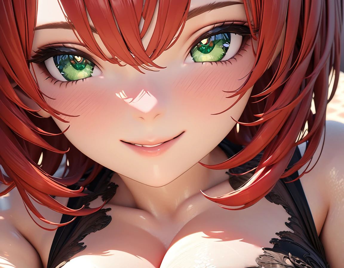 Close-up of , face. Short,  red hair ,  green eyes ,  smiling girl. (masterpiece,  top quality,  best quality ,  official art ,  beautiful and aesthetic :1.2),  model extremely detailed ,( fractal art :1.2),Colorful,The most detailed. (( CLEAVAGE .  skin texture ,  shiny skin . elegance.  photorealism .  unreal engine .  3d Model.  Ultra high quality textures .  high detail.  8k resolution))