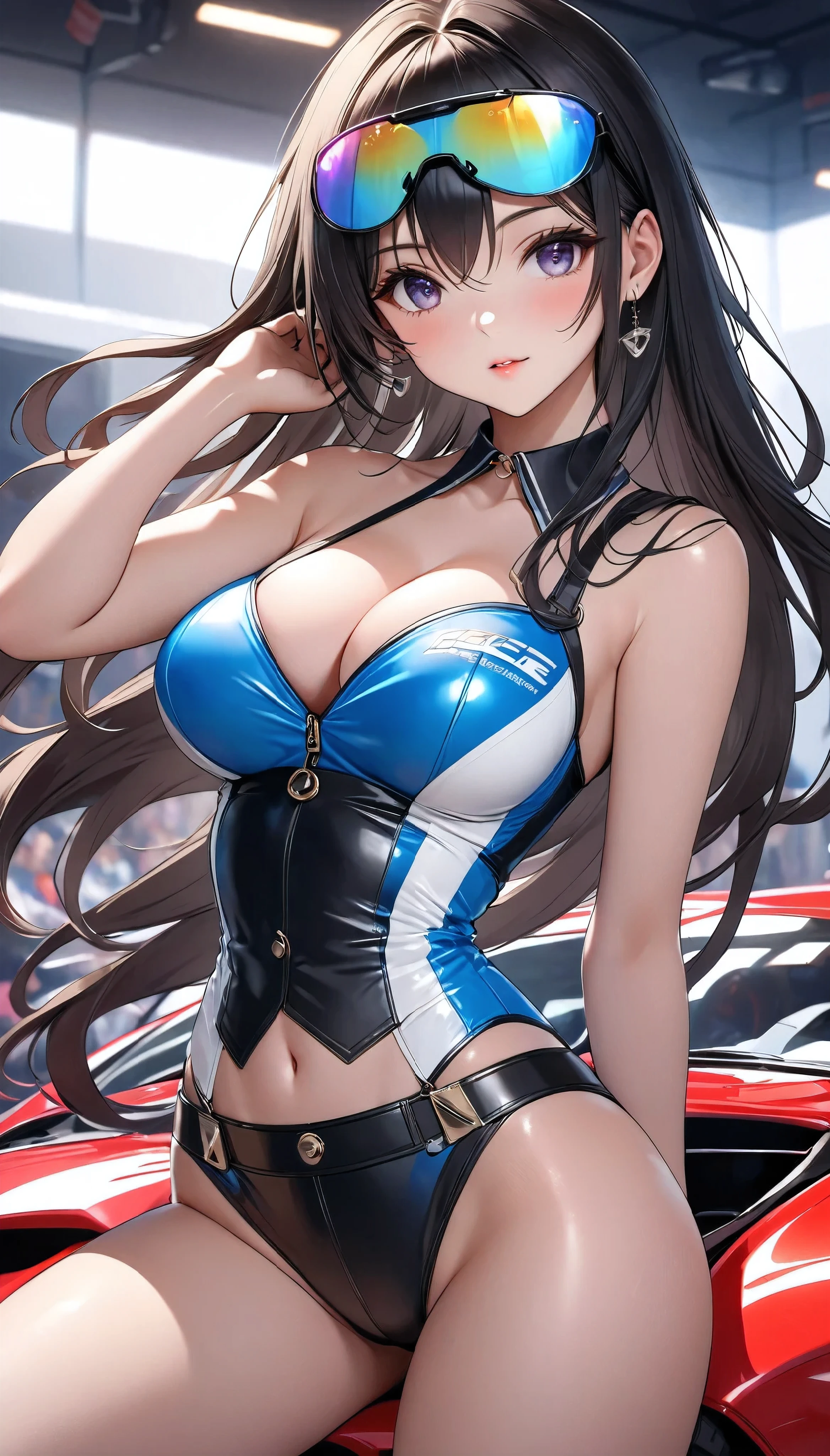 reset, Cute details,  one girl who is at ease, alone, \ character " Race Queen", whole body\, 
(Slim figure,  Height 172 cm , Weight 52 kg ,  bust 85 cm , Waist 58cm,  hips 86 cm , Age 32), 
break \Features\Clear Eyes, Sensual features, Confident and bullish gaze , circuit, GT Car Grand Prix ,  fan service scene, The enthusiasm and excitement just before the race , 
break (( long hair:1.25, Straight Hair:1.25, Shiny Ragged Hair , Hot pants that obscure your body line),
break ( Fine Skin Like Porcelain ), \sight\Confident sight ), 
\character\(fine, Active, Adult cute, secrecy, grace, Looks expensive), \Profession\( Race Queen), 
break (\clothing\Colourful Race Queen costume, luxurious, tight, shiny leather fabric,  Simple Design , One Shoulder, thick strap, Healthy sex appeal), 
break \Decoration\(simple and luxurious sports sunglasses),  mechanically accurate GT car , 
break [colorful vivid color white mix], 
BREAK Exquisite Color Scheme ,  balance adjustments with sunlight overlays,  Lens Flare Effects ,  Color Correction to Make Viewers Feel Attractive ,
break (High image quality, high quality, 8k, very detailed, Beautiful CG illustrations), masterpiece:1.2, 
\\Trigger Words\there, ROUGH,\
BREAK Dynamic Shot,  random shot,  seduce you with cute and sensual poses, Adjust the scale of the subject to realistic proportions , 