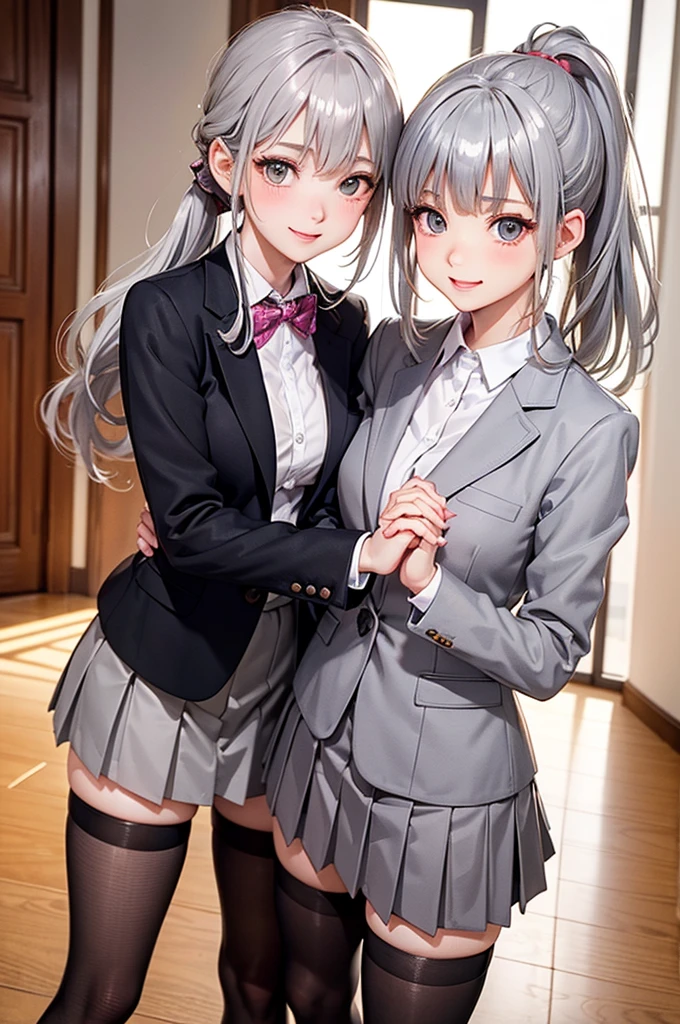 (8K、Highest quality、highest quality、masterpiece)、Detailed face、Two girl、、black hair ,long hair、、blunt bangs、Grey Eyes、、、((Blazer jacket uniform))、((Pleated skirt))、((No panties))、((bent over))、Back Alley Background、Very large breasts、Nipples are visible、、Black Pantyhose、Milk dripping from nippleilk spurting from the nipple、、Open your mouth、Troubled face、Love juice from the genitals、Full body portrait、Walking around the city、One man、Hearts in the eyes、Sex with a man、Black Loafers、Vibrator in the crotch