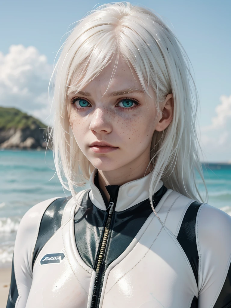 (best quality), 1girl, Female, pale skin, white hair, medium hair, messy hair, messy bangs, hair over eyes, green eyes, perfect eyes, dark circles under eyes, scowl, scar on face, wetsuit, beach, ish, freckles, albino, flat chest, masterpiece, anatomically correct, highrescorrect, highres
