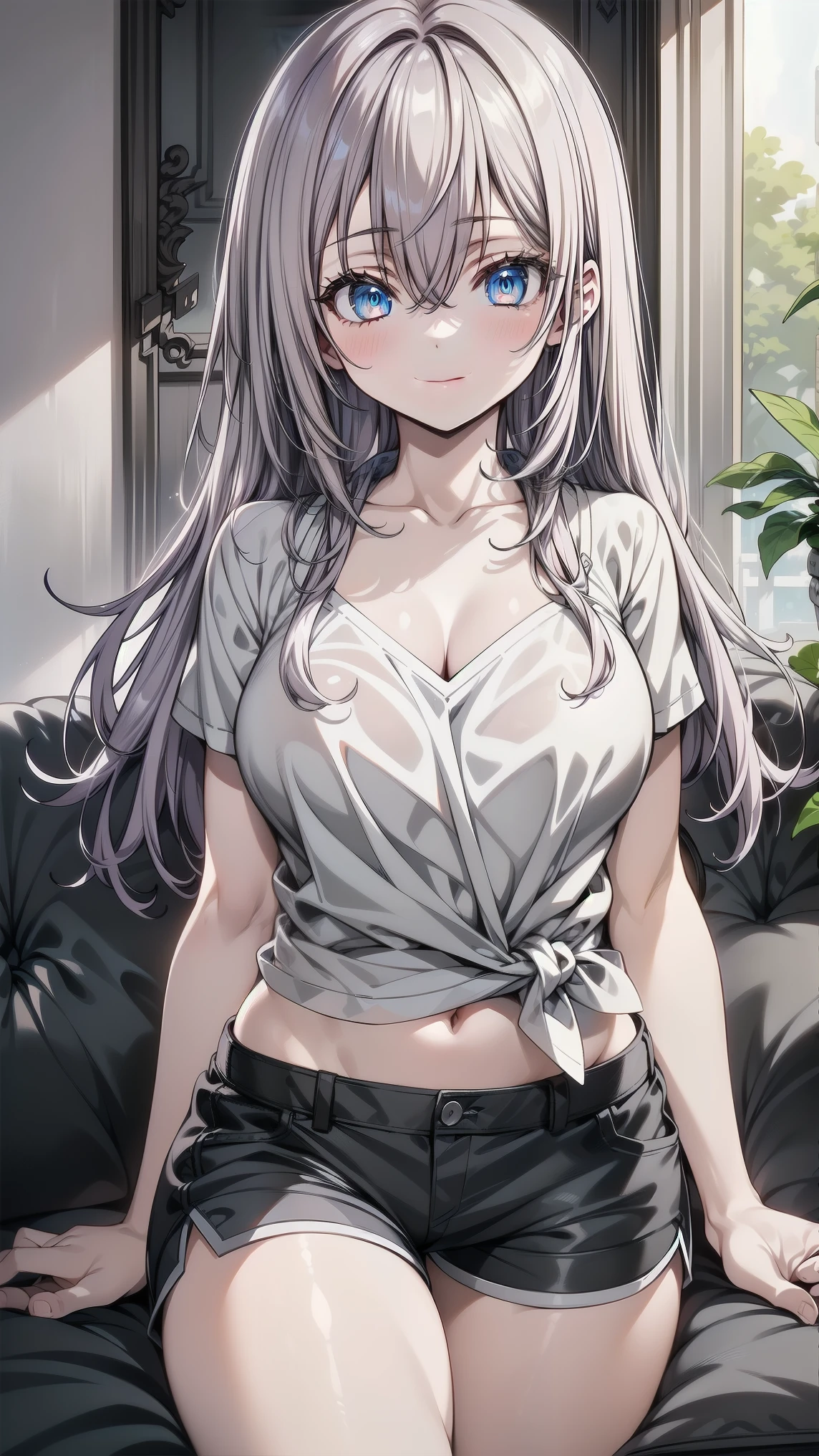 ""A serene scene with Alisa relaxing at home in a casual outfit. She wears a white shirt with a slight v-neck (escote: 1.2), revealing a bit of her graceful neck and collarbones. The shirt fits comfortably, and its fabric is subtly detailed, with natural folds. Her shorts are loosely unbuttoned, giving her a laid-back, relaxed vibe as she sits comfortably on a soft couch. Her long white hair flows gently, and her striking blue eyes gleam with warmth and calmness. Alisa has a soft smile on her face, her expression calm and serene. Her body proportions are well-balanced, with more volume in her curves, especially around her hips and bust, giving her a fuller, more feminine silhouette. The lighting in the room is soft, with warm tones that highlight her features and create a cozy, inviting atmosphere. (Anime style, ultra-high definition, detailed textures on clothing and hair, soft lighting with sharp shadows, highly detailed facial features and eyes, smile: 1.0, 8K resolution, HDR-10, Masterpiece quality, body proportions: fuller figure, good anatomy, shirt with escote: 1.2, shorts desabrochados: 1.3, hands: 1.0, no deformations, pezones: 0.9, cozy room background: 1.0, soft lighting and atmosphere: 1.2)."