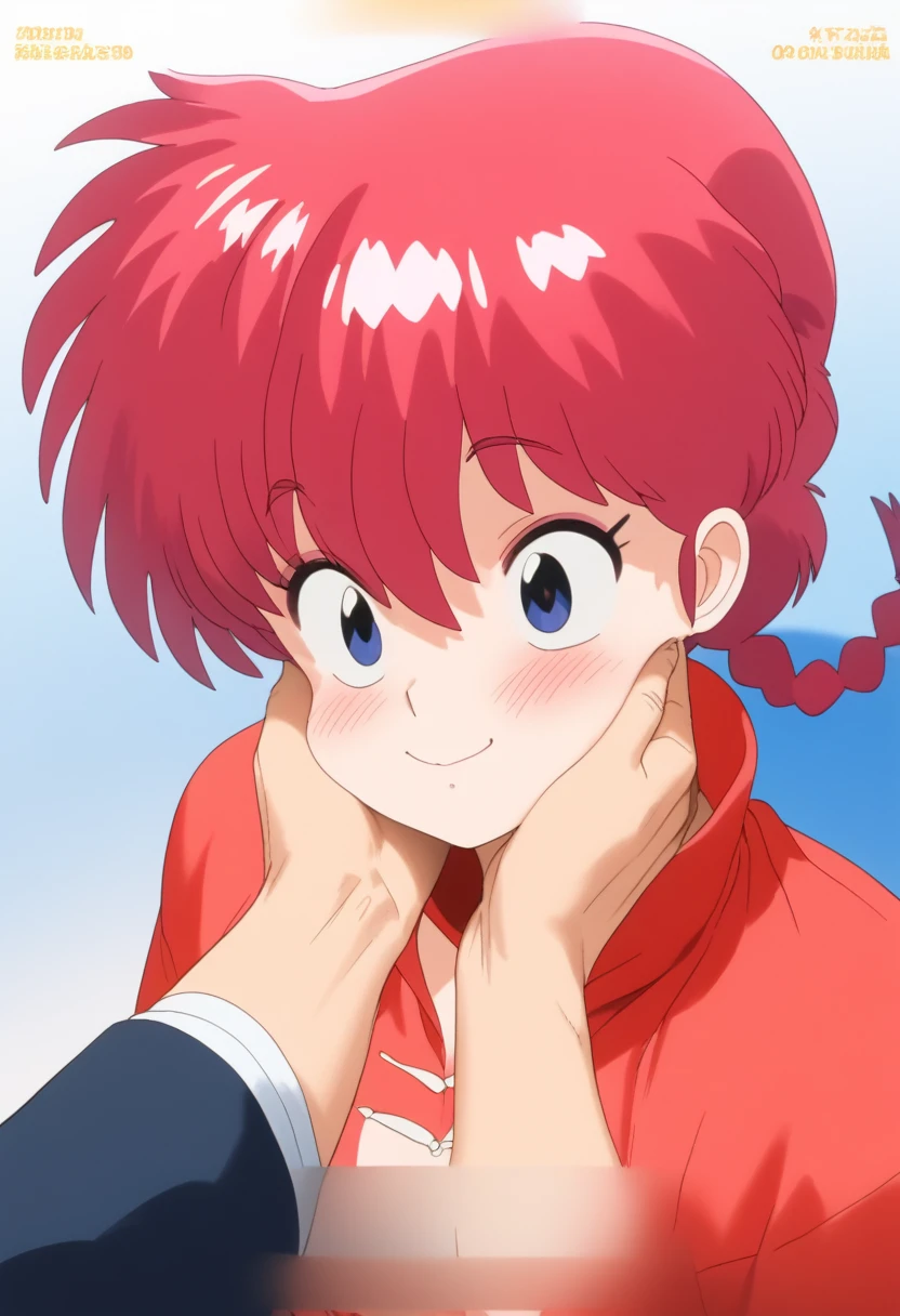  Ranma saotome , red hair, Hair with braid, beautiful face,  cara tender,  man stroking a woman's cheeks, blush, bright eyes,  blue eyes ,  Beautiful woman,  playing with the face of a woman , detailed eyes,  tender and bright eyes, squeezing cheeks , happy,  tender,  large pupils , kawai face ,  seen from above, pretty lips