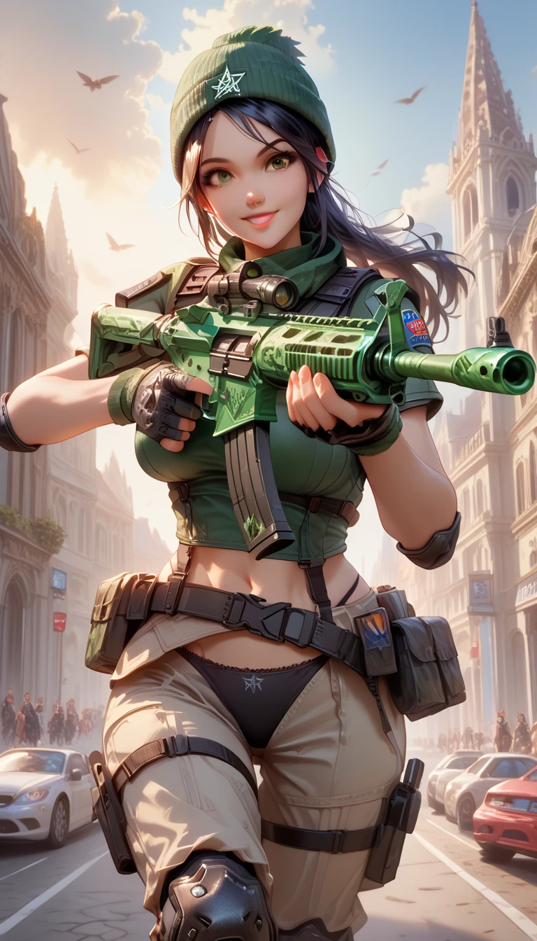 ultra-detailed, 1girl, j37t, ((masterpiece)), (best quality), (highres), 16K, long hair, black hair, brown eyes, green beanie, wearing tactical clothes, tactical belt, knee pads, black panties, busty body, large breasts and a beautiful ass, showcasing cleavage, legs, hips, (holding assault rifle), looking at viewer, smile, detailed face, detailed hair, detailed body, streets background