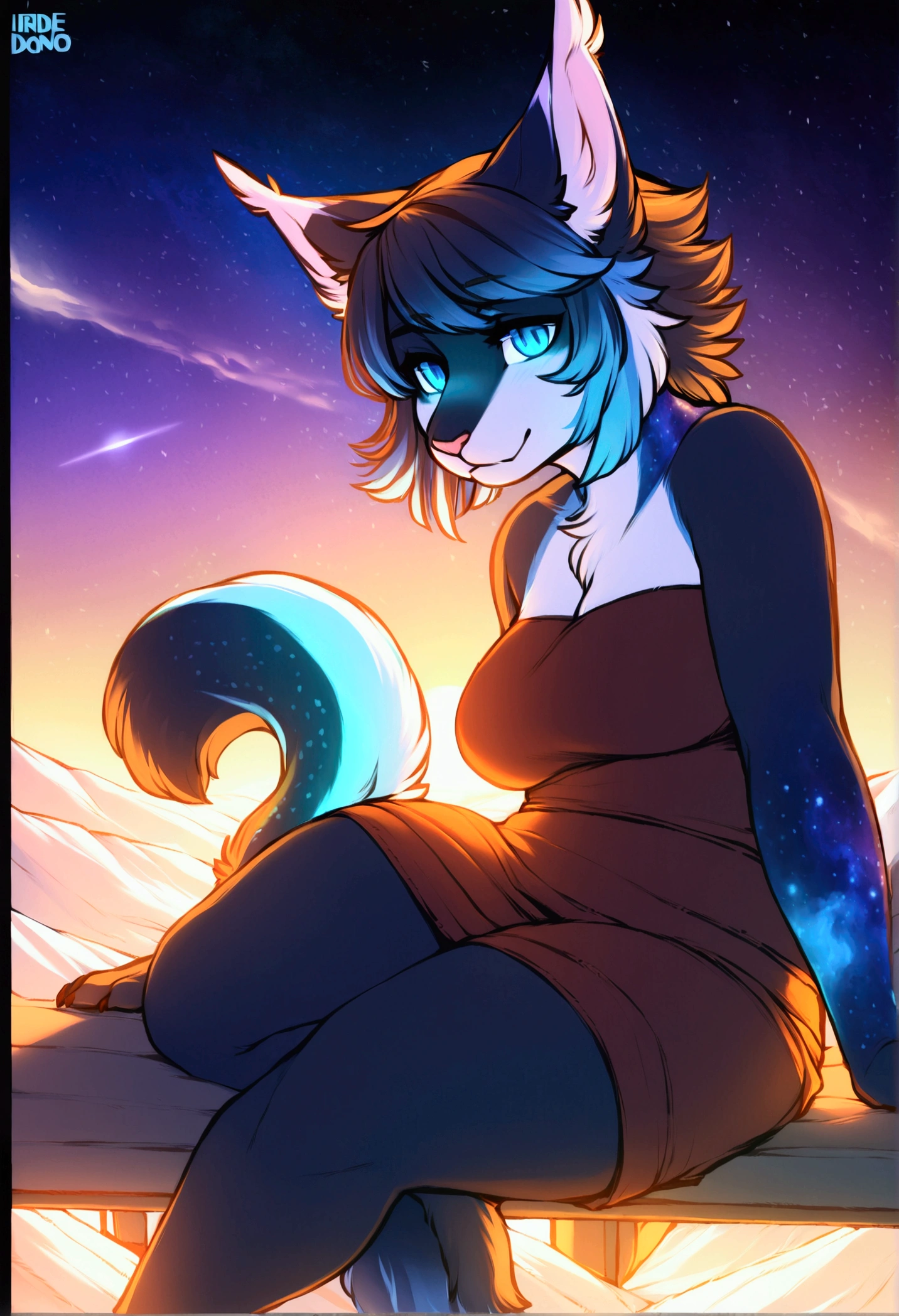 adult, feline, mammal, anthro, anthromorphic, snow, leopard, striped_feline, fur, furred_anthro, fluffy_tail. femboy, male, bangs, ear_tufts, blue_nose, blue_fingers, hair_tuft, hair_between_eyes, short_tail, fluffy, feline_ears, expressive_eyes, purple_hair, light looking_at_viewer, legs, legs_visible, thighs, blue_paws, blue_fur, shy, small_pupils, spotted_pattern, stripes, tail, tail_connected_to_body tiger_stripes, digital_art, high_resolution, high_res, moon_background, fit, thigh_high, thigh_high_socks, blue_thigh_high_socks, light_blue_and_white_striped