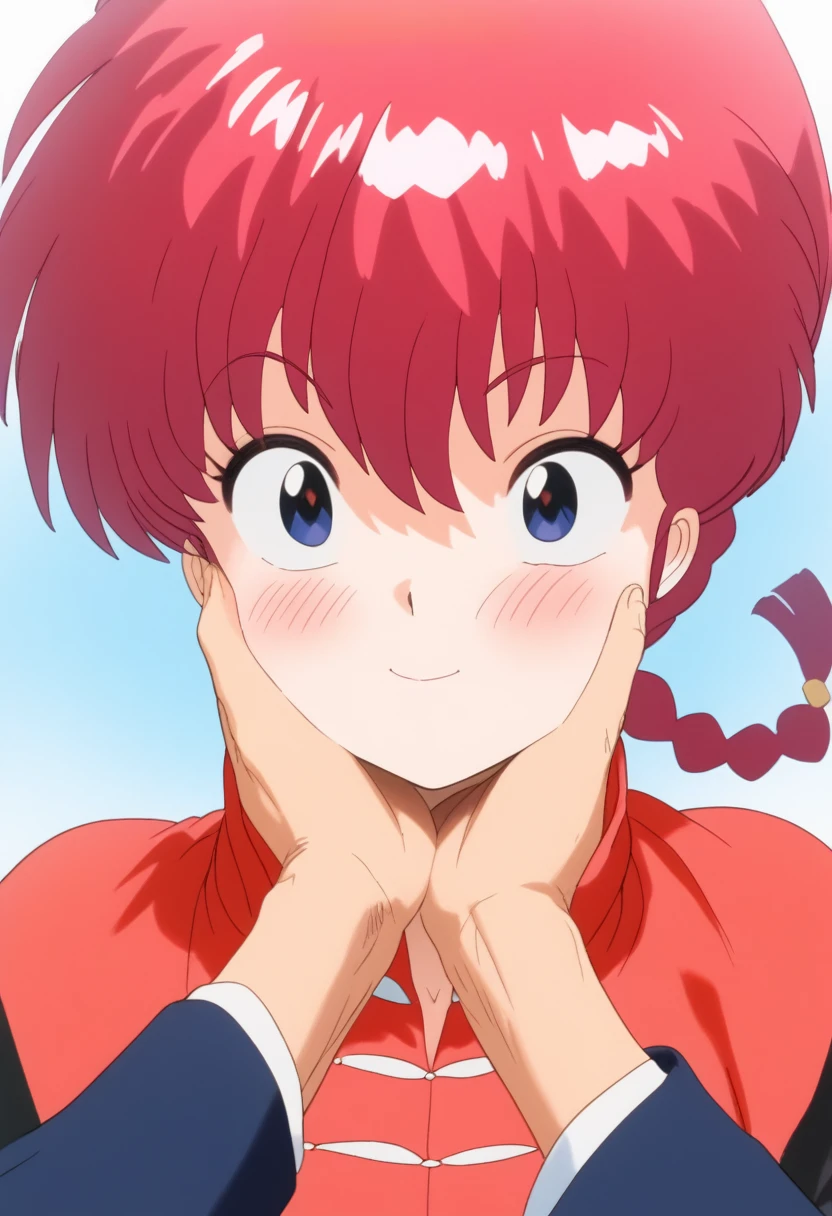  Ranma saotome , red hair, Hair with braid, beautiful face,  cara tender,  man stroking a woman's cheeks, blush, bright eyes,  blue eyes ,  Beautiful woman,   playing with a woman's face , detailed eyes,  tender and bright eyes, Man squeezing cheeks, happy,  tender,  large pupils , kawai face , fish lips gesture , pretty lips, Cute girl 