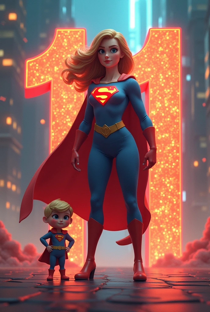 Create the image of Kara Zor El, the super girl, alongside her wife Akai, a woman with curly red hair and green eyes, and her twin sons, who are a mix of the two in appearance, they are two boys.