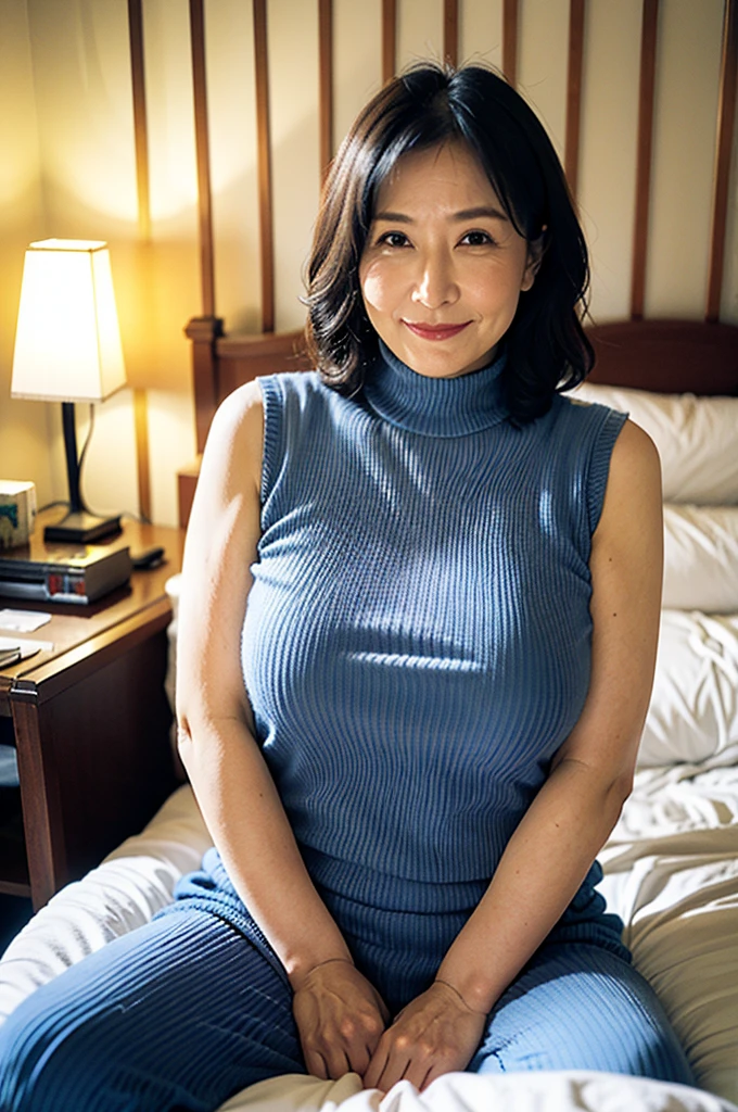 Japanese women、Mature Woman、Big Breast、smile、Wearing a necklace、The whole body is shown、Hotel room、entrance、Large areola、Are fat、wearing  tight border knit sweater、HIGH neck sweater、sleeveless sweater、sitting on the bed、evening、wearing blue jeans pants、High image quality、real photo、borderline sweater、The body is on its side、 putting his hands on his chest、Bright room、wavy hair