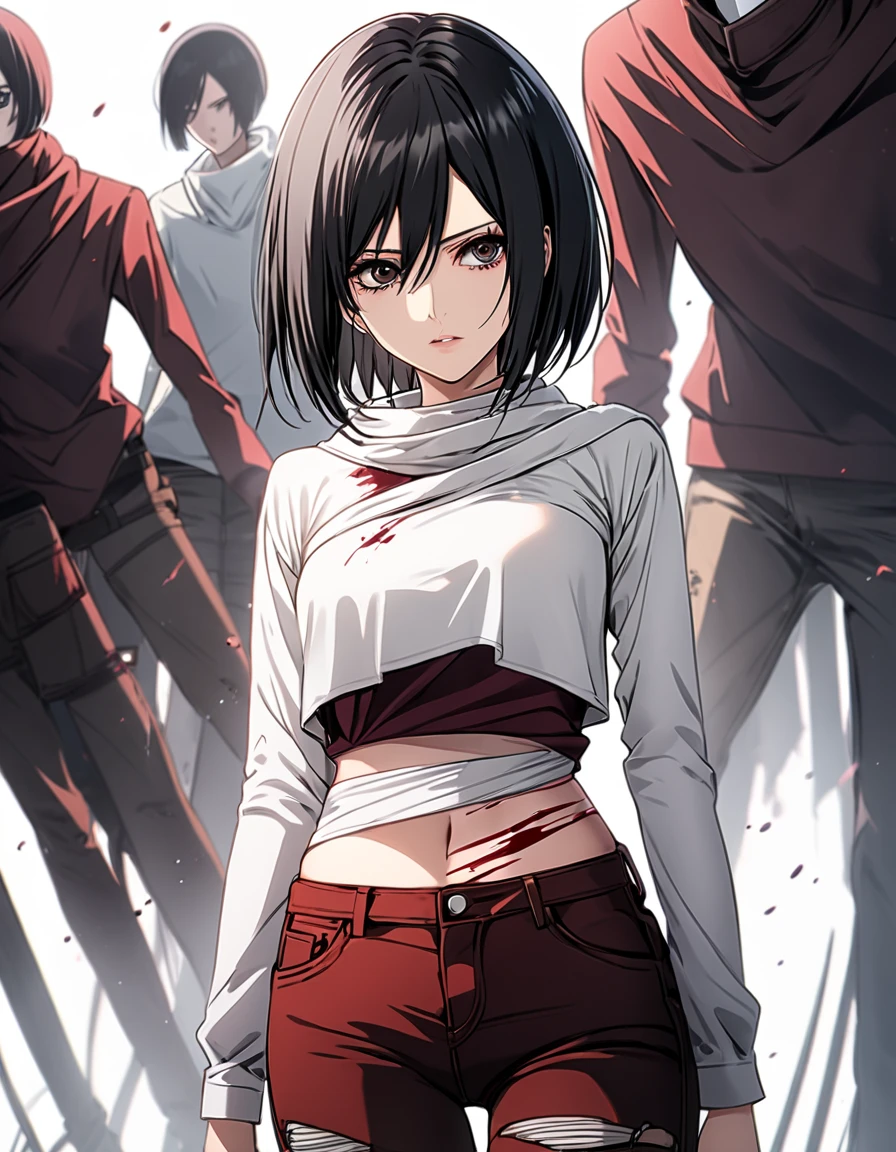 Mikasa Ackerman from attack on titan, mikasa ackerman, attack on titan, wearing a half white top with full sleeves, exposed midriff, and a full tight jeans, red scars around her neck, black short hair, black eyes