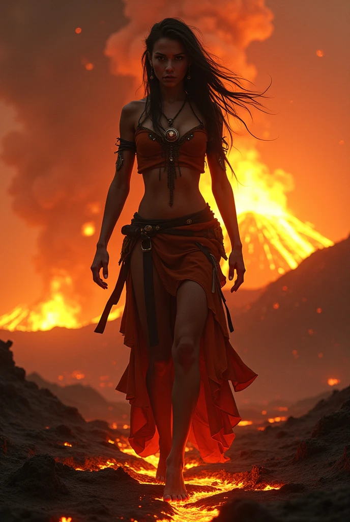 masterpiece, best quality, extremely detailed, hyperrealistic:1.1, photorealistic, a beautiful 20s russian model, ultra detailed face:1.1, sunglasses on head:1.1, pink floral pattern camisole, dark green shirt around waist, black hair, volcanic island, giant volcano, smoke rising up to the sky, magma raging, rimson lava flowing, fiery glow illuminating the surroundings, ominous atmosphere, wide shot