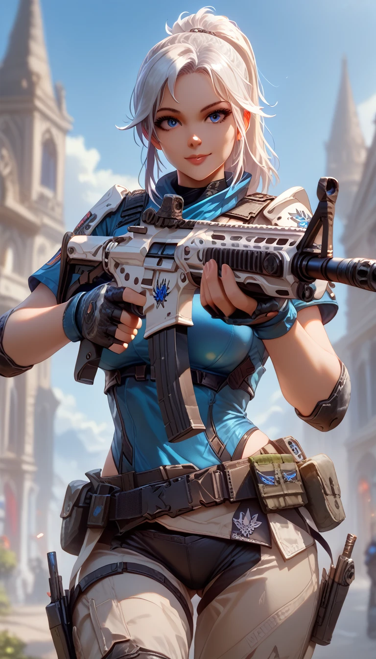 ultra-detailed, 1girl, j37t, ((masterpiece)), (best quality), (highres), 16K, long hair, white hair, blue eyes, ponytail, wearing tactical clothes, tactical belt, knee pads, black panties, busty body, large breasts and a beautiful ass, showcasing cleavage, legs, hips, (holding assault rifle), looking at viewer, smile, detailed face, detailed hair, detailed body, streets background