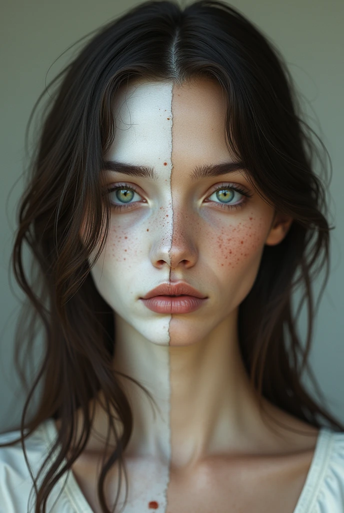 Closeup photo portrait of beautiful lady, freckles, dark makeup, muted colors, epic character composition, frontal view, atmospheric scene, masterpiece, best quality, (detailed beautiful face, detail skin texture, ultra-detailed body:1.1), diffused lighting