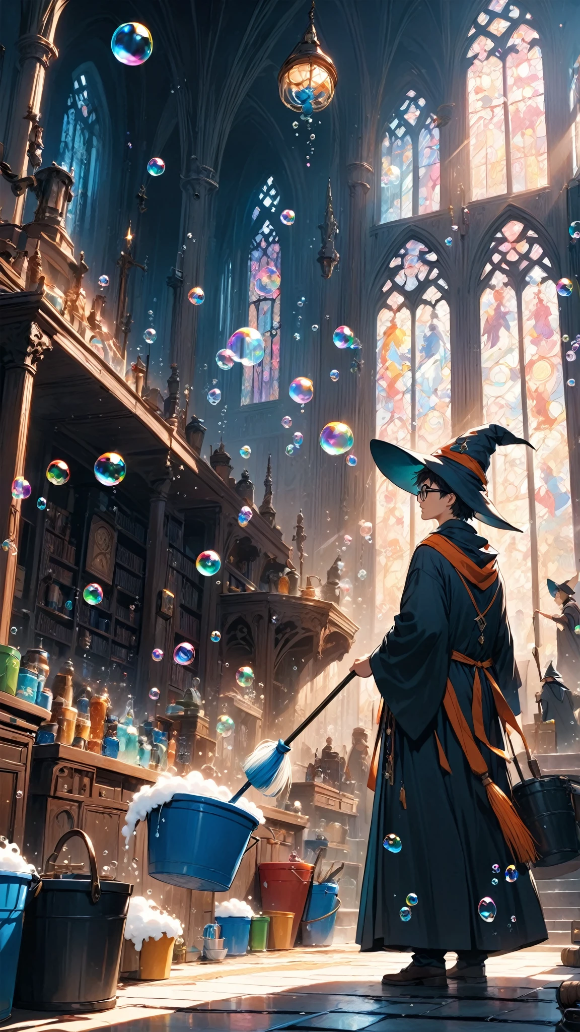 score_9, score_8_up, score_7_up, score_6_up, masterpiece, best quality, 4k, high res, 1boy, extreme wide shot, a wizard cleaning, wizard \(boy, glasses, robe, wand, pointy hat, determined, sweating\), (bubble:1.5), water bucket, foam, floating mop, floating duster, floating broom,