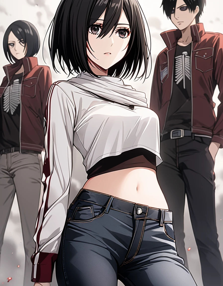 Mikasa Ackerman from attack on titan, mikasa ackerman, attack on titan, wearing a half white top with full sleeves, exposed midriff, and a full tight jeans, red scars around her neck, black short hair, black eyes