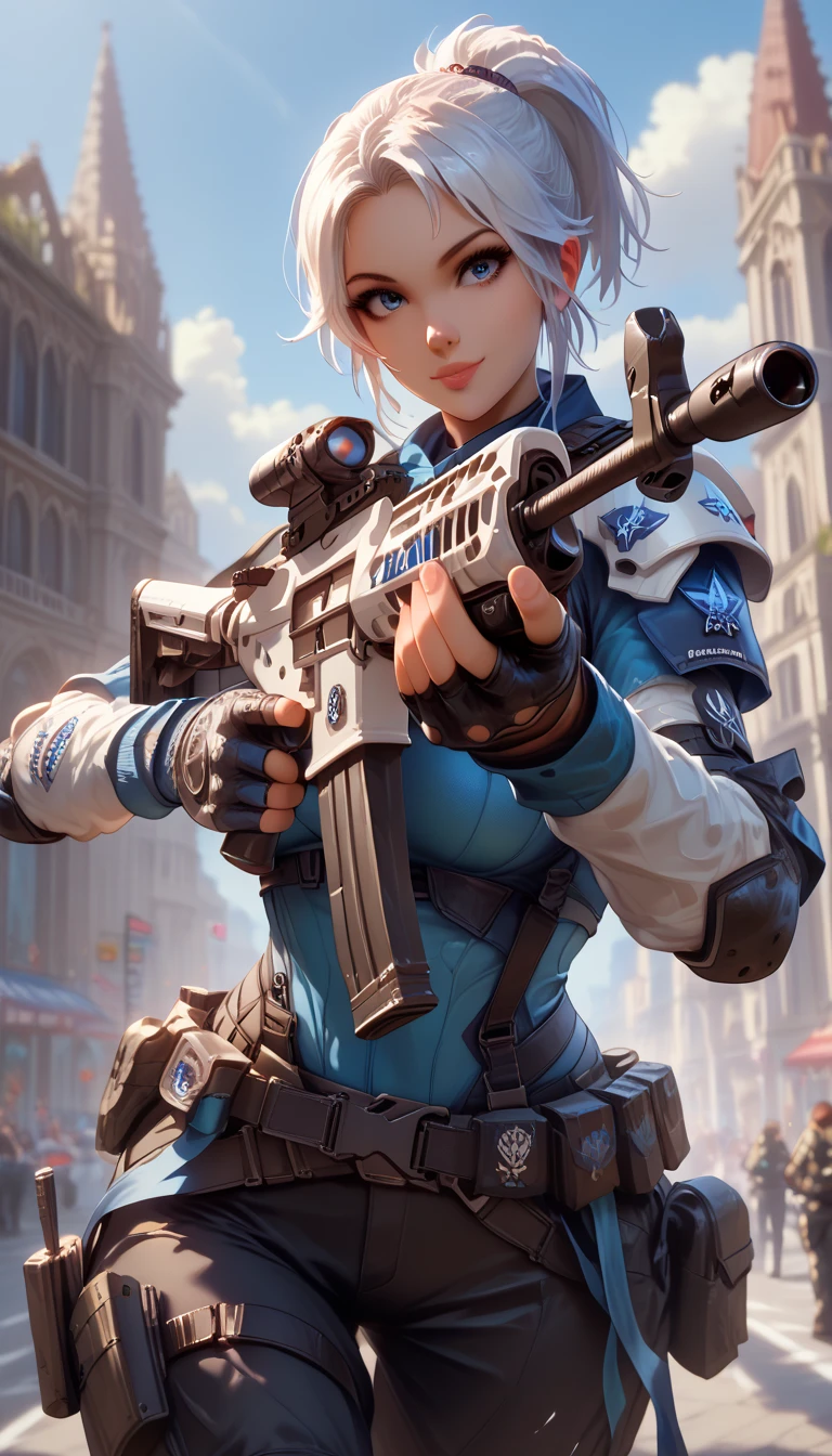 ultra-detailed, 1girl, j37t, ((masterpiece)), (best quality), (highres), 16K, long hair, white hair, blue eyes, ponytail, wearing tactical gear, tactical belt, knee pads, black thong, busty body, large breasts and a beautiful ass, showcasing cleavage, legs, hips, (holding assault rifle), looking at viewer, smile, detailed face, detailed hair, detailed body, streets background