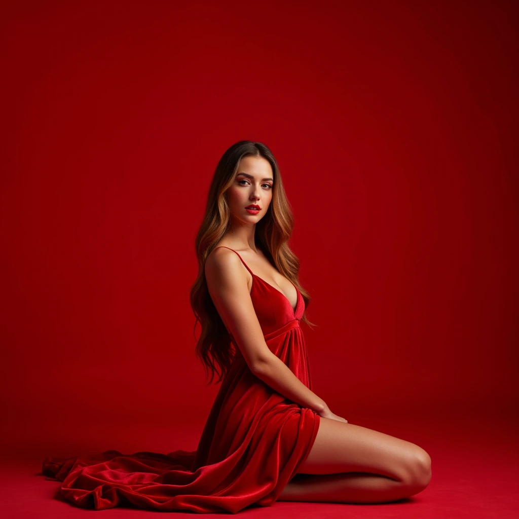 araffe woman in a red dress sitting on a red fabric red magic surrounds her, photo shoot, photoshoot, seductive lady, promo shoot, all red, photo from a promo shoot, solo photoshoot, in red background, official artwork, ashy, dressed in red velvet, promotional photoshoot, glossy magazine photoshoot, official product photo, promo art, on a red background