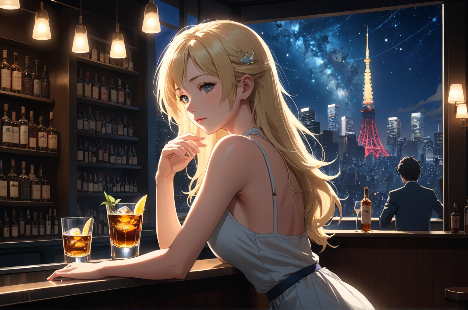 Uses Makoto Shinkai'The depiction is perfect,Julia Roberts portrait,8k 4k masterpiece photo ,Milan,Glass ceiling jazz bar,I can see the twinkling stars through the glass window.,that'Outside in the dark night,Jazz is playing,Beautiful profile,Semi-long hair,Blonde Hair,The left cheek is visible here.,He's sitting alone at the counter drinking whiskey and water.,There is no glass in his hand, it is on the table、White tank top dress,Bust is medium large