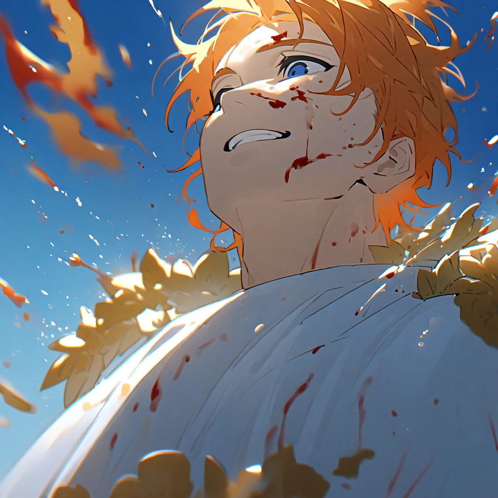 Male, 1 person, orange messy hair, simple rome clothes, caesar, wearing golden laurel wreath, dark blue eyes, looking from below, emotionless, blood splashes, smiling joy, blue sky background