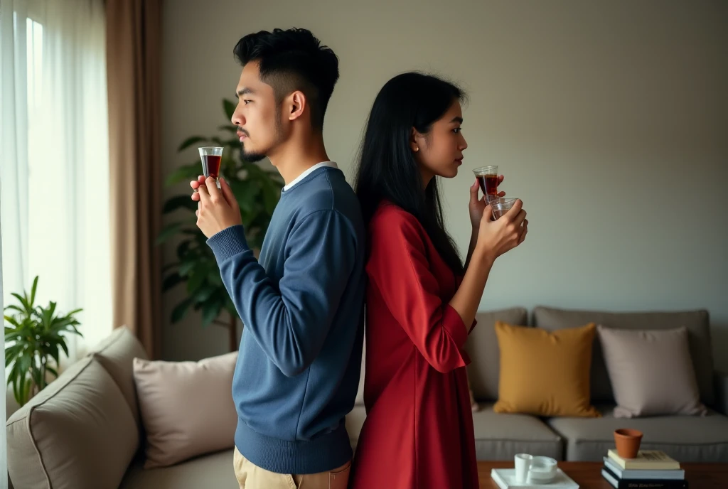 An Indonesian man, young and handsome at 25 years old, with dark hair and clean-shaven, wearing a casual blue sweater and beige pants, stands back to back with a beautiful Dutch Indonesian woman of the same age, with long black hair and dressed in a red collarless housedress. They are each holding very small and short dosing cup s made of transparent plastic, containing a dark brown liquid, the dosing cup is about the size of a bottle cap, with the cups almost touching their lips as they drink. This version of the shot is taken from a low angle, slightly off-center, with the camera tilted upwards, emphasizing their closeness and the cozy ambiance of the living room. The living room features soft lighting, plush furniture, a modern coffee table, and decorative touches such as cushions, books, and a potted plant. Soft natural light streams in through a window, creating a warm, inviting atmosphere, while the new angle adds depth and intrigue to the scene.