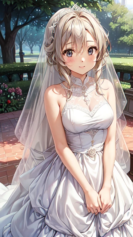 Highest quality、(Anime illustration style),Otome、Shooting from the front、High resolution、Standing、garden、Shamal、Short Hair、Beautiful star shaped earrings、 Beautiful attractive golden hair、Shortcuts、日にShine金色の髪、Beautiful and attractive purple eyes、smile、Closed Mouth,garden,Private Server, Wedding dress、short wedding veil,（transparent short veil：1.5），Leaning forward、（チューブトップWedding dress:1.6），（Silk dress:1.5）,（ストラップレスのWedding dress：1.5）,(Lace gloves:1.3)、1 person、Beautiful Eyes, Sharp pupils, Sharp focus, (Very detailed, bloom, Shine)、(Genuine、Realistic、Realistic)、High resolution、超High resolution、Ultra-fine painting、Cowboy Shot