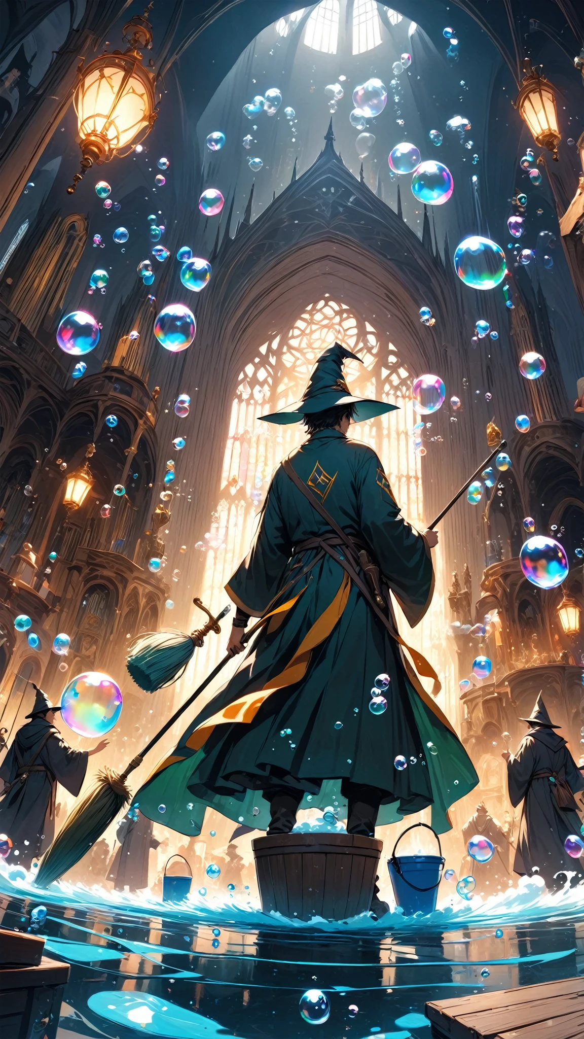 score_9, score_8_up, score_7_up, score_6_up, masterpiece, best quality, 4k, high res, 1boy, extreme wide shot, a wizard cleaning, wizard \(boy, glasses, robe, wand, pointy hat, determined, sweating\), (bubble:1.5), water bucket, foam, floating mop, floating duster, floating broom,