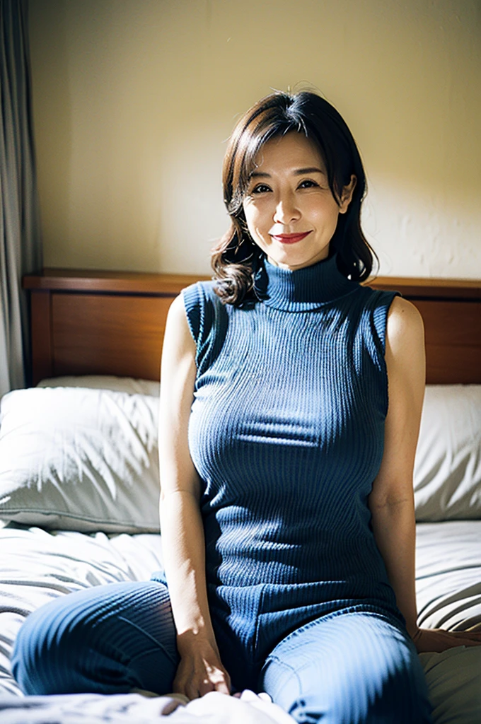 Japanese women、Mature Woman、Big Breast、smile、Wearing a necklace、The whole body is shown、Hotel room、entrance、Large areola、Are fat、wearing  tight knit sweater、HIGH neck sweater、sleeveless sweater、sitting on the bed、evening、wearing blue jeans pants、High image quality、real photo、borderline sweater、The body is on its side、 putting his hands on his chest、Bright room、wavy hair、Striped pattern sweater
