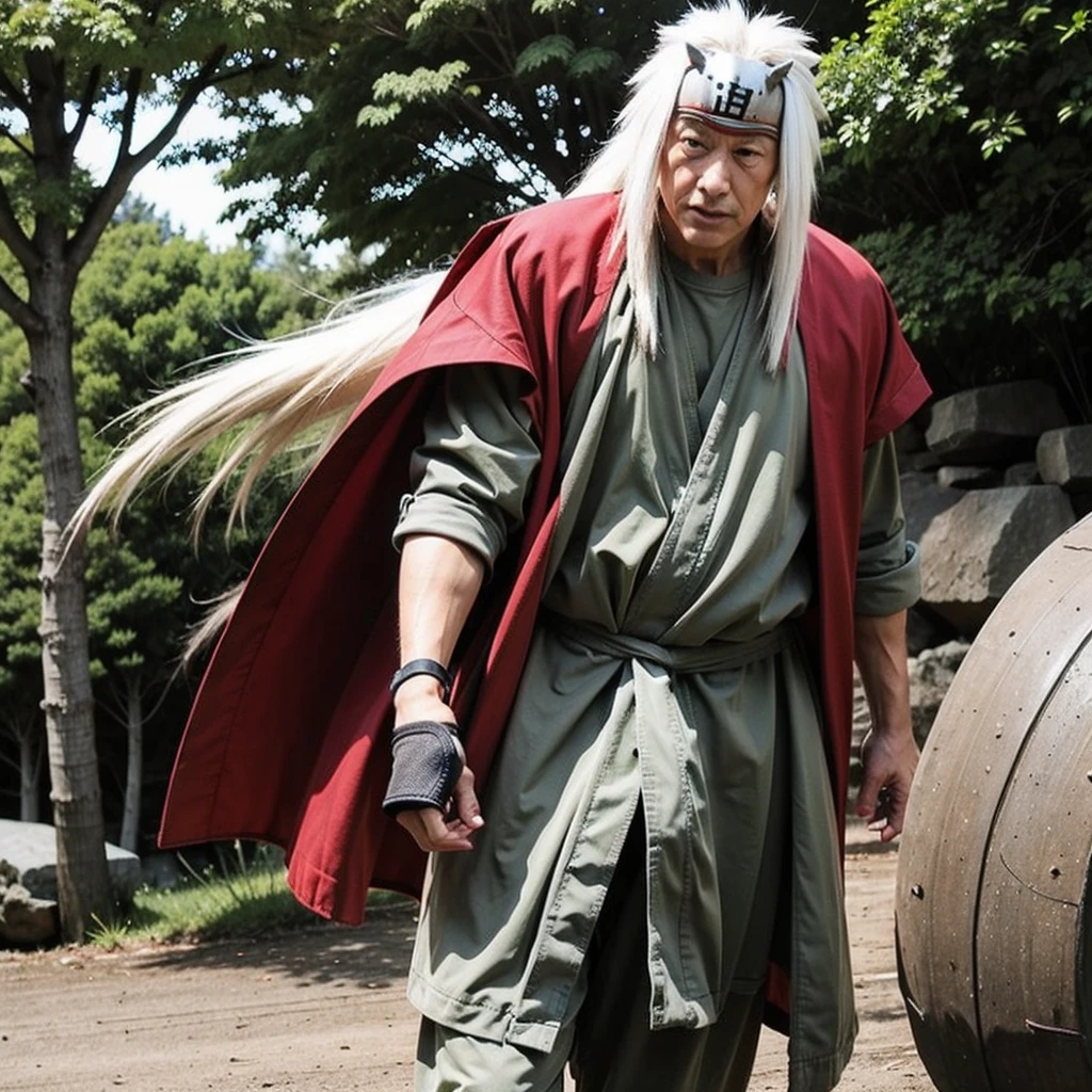 Solo, 1 old man, Jiraiya, White long hair, head protector, outdoors