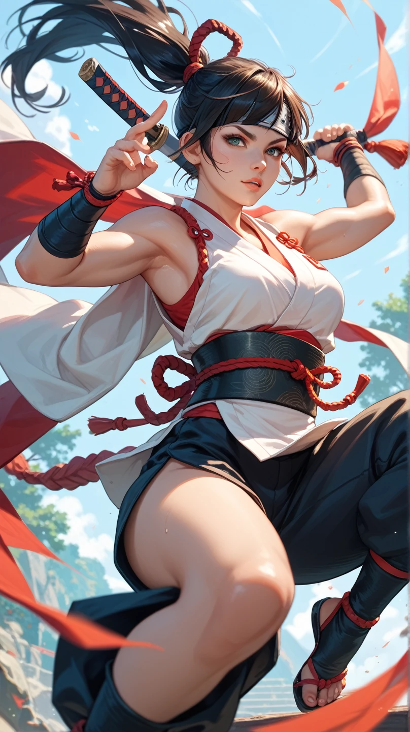 {{masterpiece}}, {{{best quality}}},{{ultra-detailed}}, {{illustration}},{{tall stature}},{{adult women}},,Small breasts,Slender,{{fighting stance}},((Leggings with integrated shorts)),((Black leggings)) Female karate Red hair short cut Sleeveless uniform Martial Arts Belt ,Chinese style,Cowboy Shot, black fingerless gloves,Street Fight,Slums during the day,1 female,alone, Elbow guard