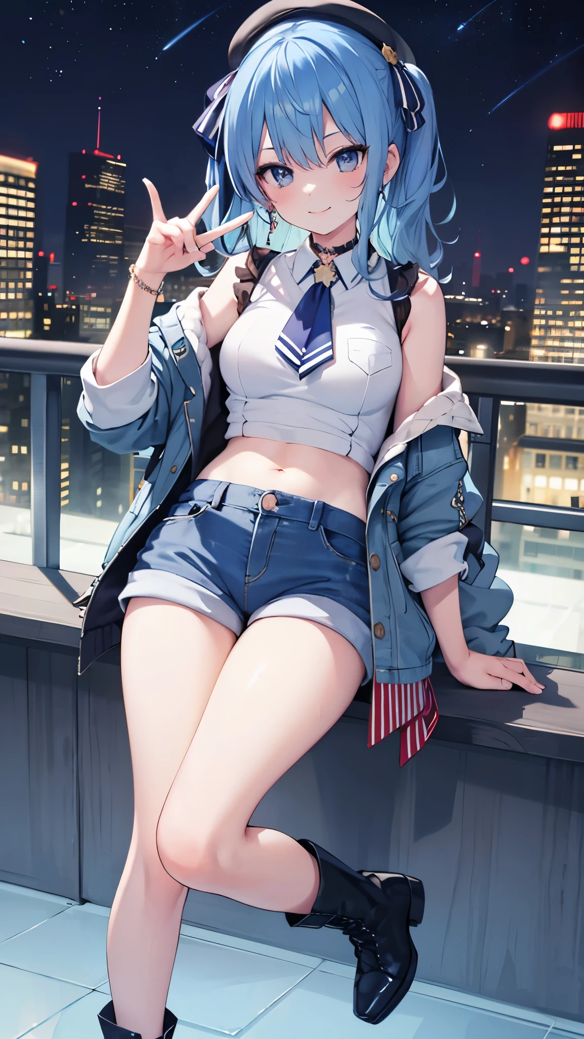 (8k、Best image quality、highest quality)、Detailed face、 1teen_girl、Blue Hair、Long Hair、sideponytail、dark_blue_eyes、smile,(peek_navel:0.7),(small_breasts:0.8),(White_T-shirt:1.3)、Off_shoulder、Black shoulder straps、(open_front_shorts,denim_short_shorts:1.2)、City Background, starry_sky_landscape ,hoshimachi suisei, (belly_button:1.2),nihil,solo,stargaze,girl_looking_up_sky,slender,solo,boots,abs, tight_waist, point_to_sky,slender_thighs,knees