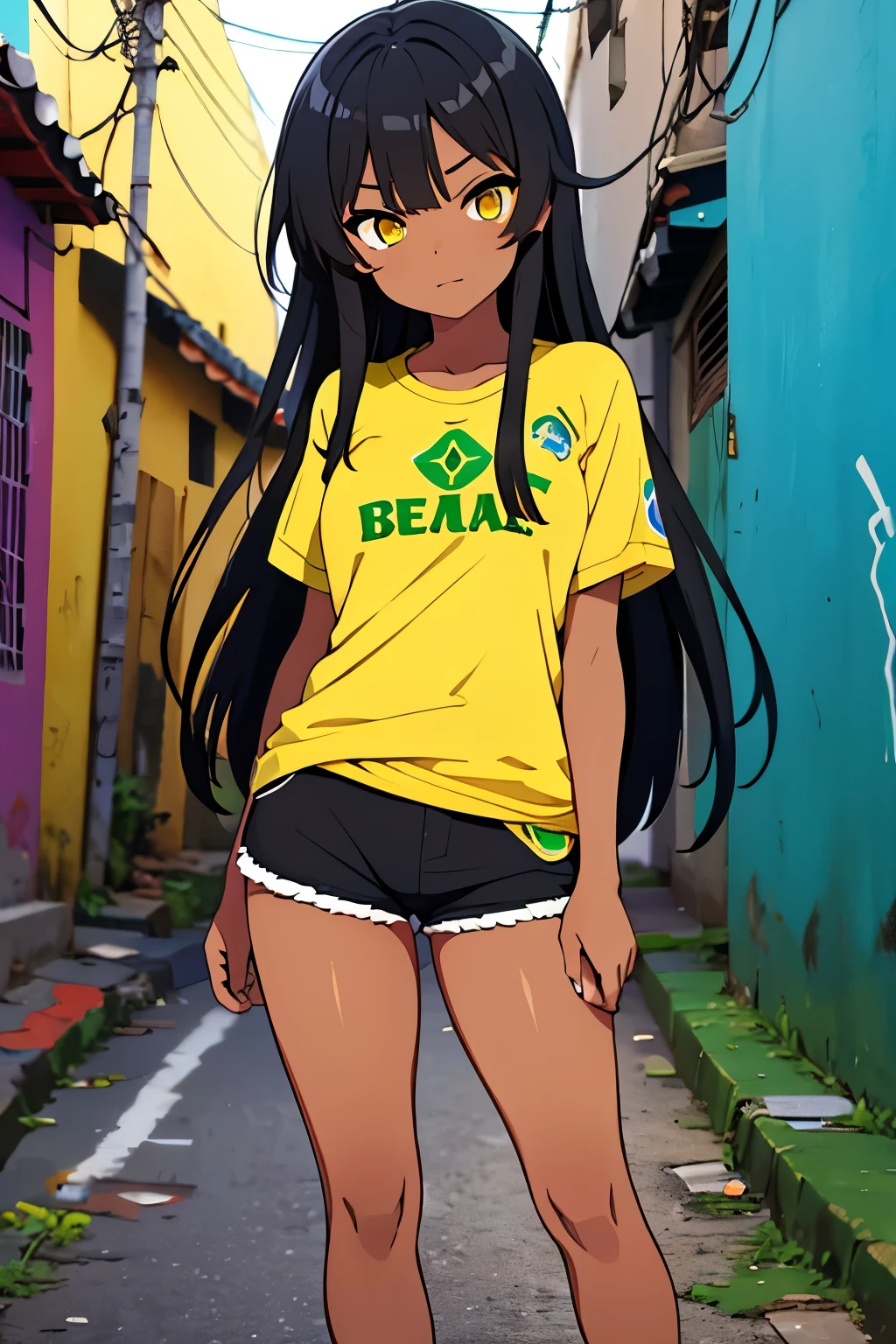 Brazilian black girl yellow eyes, long streight black hair , wearing brazil t-shir, favela background, Rio de Janeiro