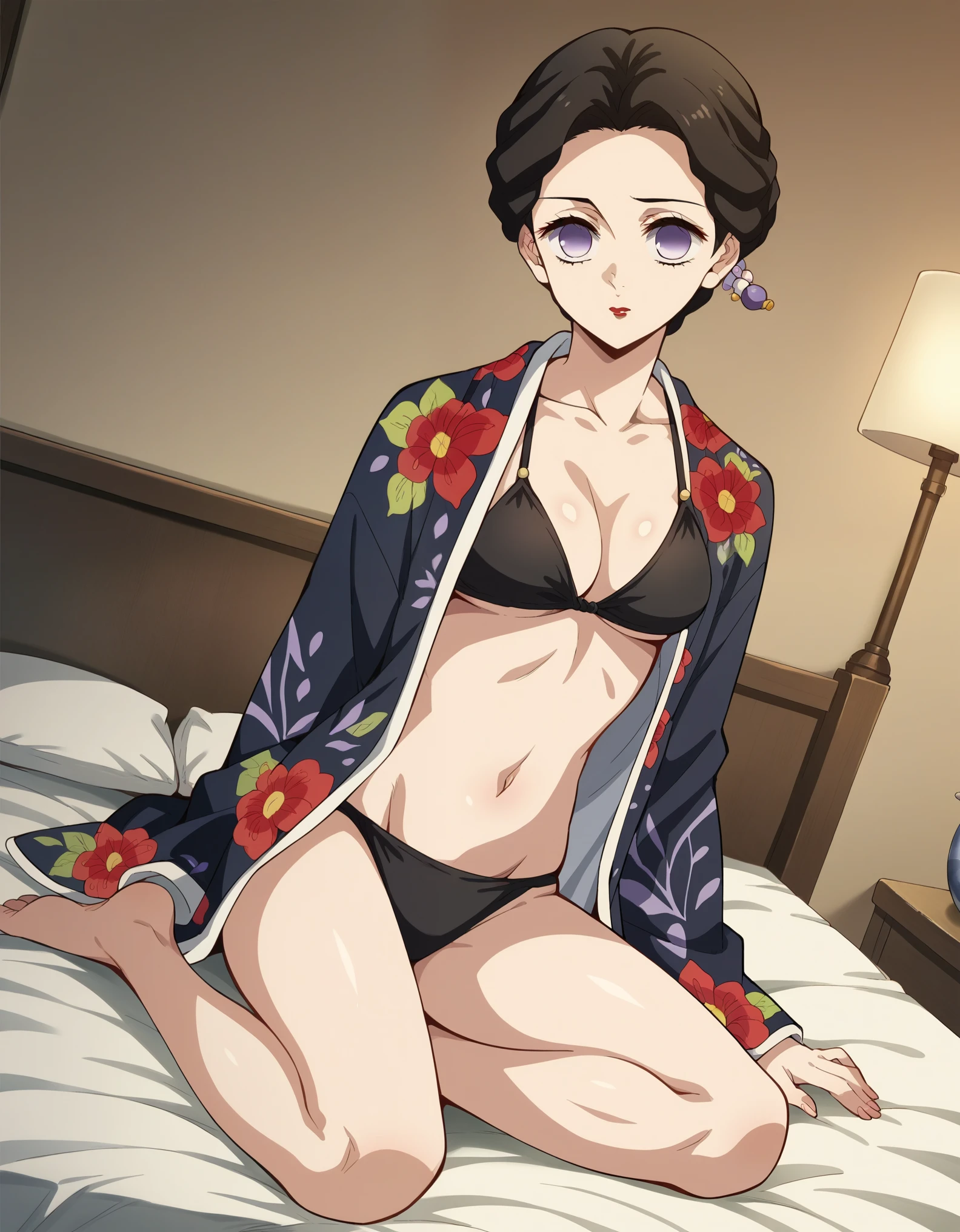 score_9, score_8_up, score_7_up, source_anime,
knytamayo, tamayo in Black bikini, kimono unbuttoned, sexy sit on bed, big tits, widened legs, tamayo facing the camera, full body, black hair, hair ornament, purple eyes, empty eyes, short hair, makeup, lipstick, red lips, leans lightly on the bed,
 flower, floral print, 
indoors, dojo,
solo, looking at viewer, cowboy shot, dutch angle,