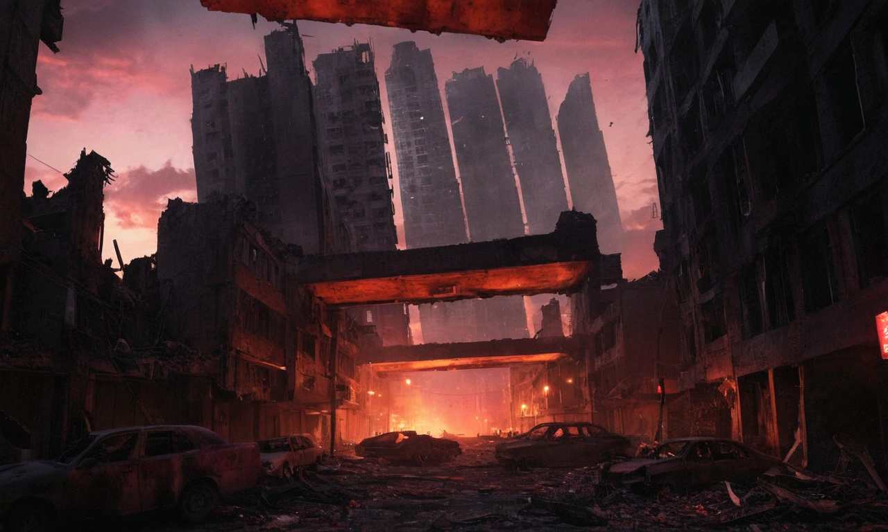 Red sky, Night time, blood red lighting, arafed city street with a lot of debris and debris on the ground, destroyed city, in a ruined cityscape, at a deserted city, post - apocalyptic city streets, dystopian setting, city destruction, dystopin future, destroyed city in the background, an abandoned dystopian city, post apocalyptic district, dystopian environment, dark abandoned city streets, burned city, destroyed modern buildings